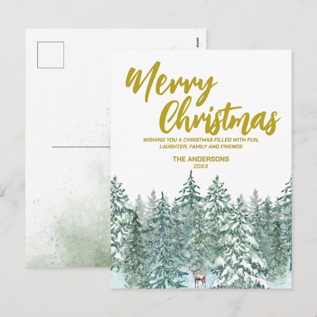 Merry xmas trees forest Moose script Holiday Postcard (Front/Back)