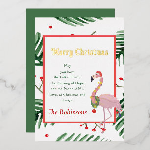 Merry Xmas Tropical Frame Pink Santa Flamingo  Foil Holiday Card