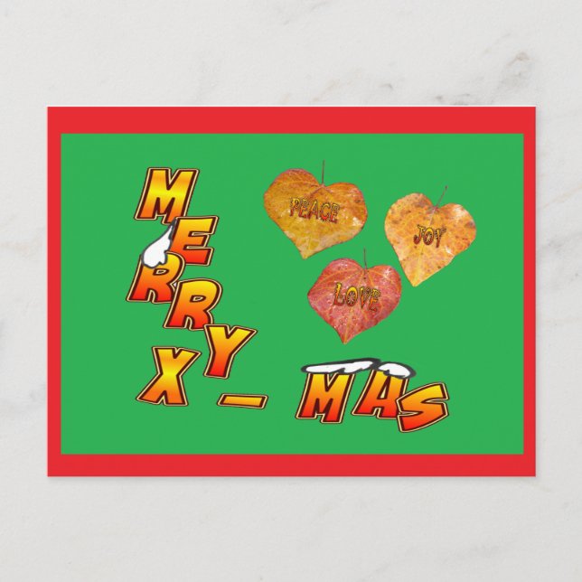 Merry Xmas with 3 Heartshaped Leaves Red Postcard (Front)