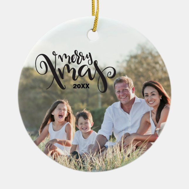 Merry Xmas Year Text Template Custom Photo Ceramic Ornament (Front)