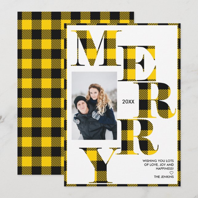 Merry  Yellow Buffalo Plaid Vertical Photo Holiday Invitation (Front/Back)