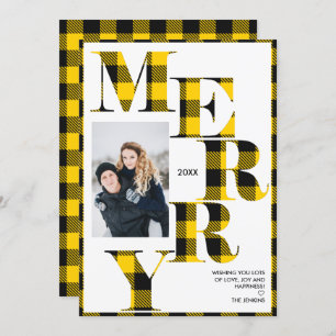 Merry Yellow Buffalo Plaid Vertical Photo Holiday Invitation