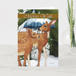 Merry Yule Doe and Fawn Deer Greeting Card
