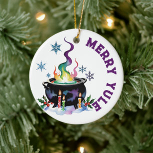 Merry Yule Festive Witches Cauldron Wiccan Holiday Ceramic Ornament