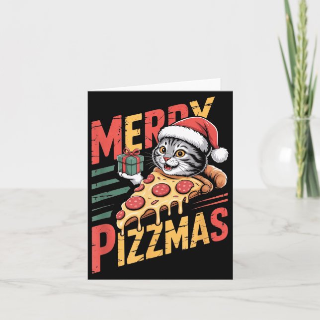 Merry Zzmas Christmas Cat Funny Zza Lover Xmas Cat Card (Front)