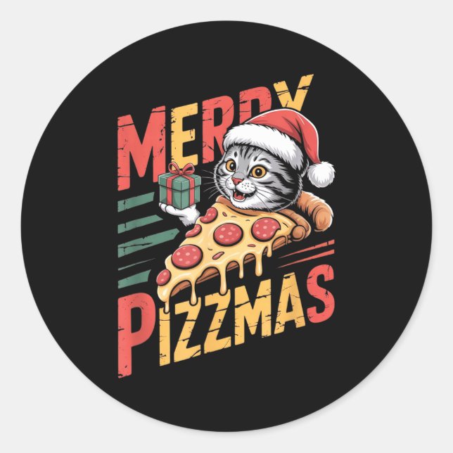 Merry Zzmas Christmas Cat Funny Zza Lover Xmas Cat Classic Round Sticker (Front)