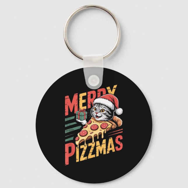 Merry Zzmas Christmas Cat Funny Zza Lover Xmas Cat Keychain (Front)