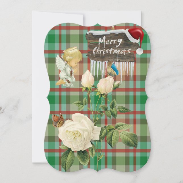 MerryChristmas Baby Angel Plaid Flat Greeting Card (Front)