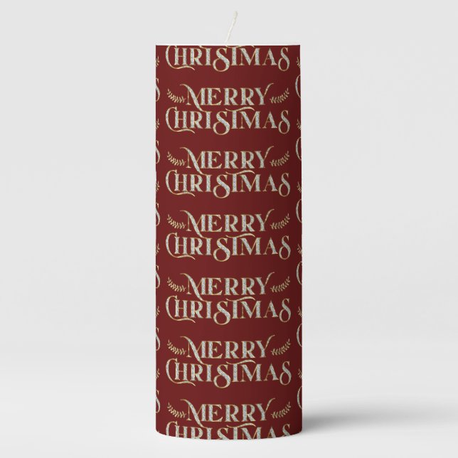 MerryChristmas typography pattern Pillar Candle (Front)