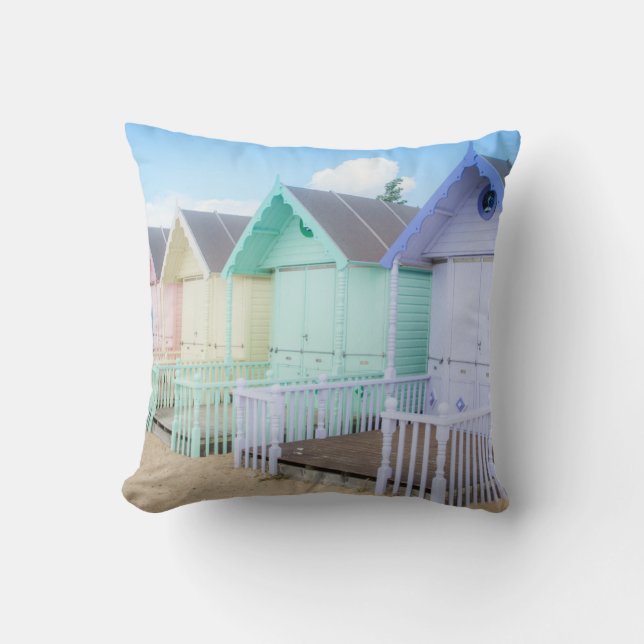 Mersea Island Beach Huts Throw Pillow (Front)