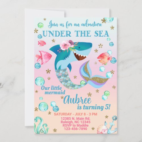Mershark girl birthday invitation under the sea invitation