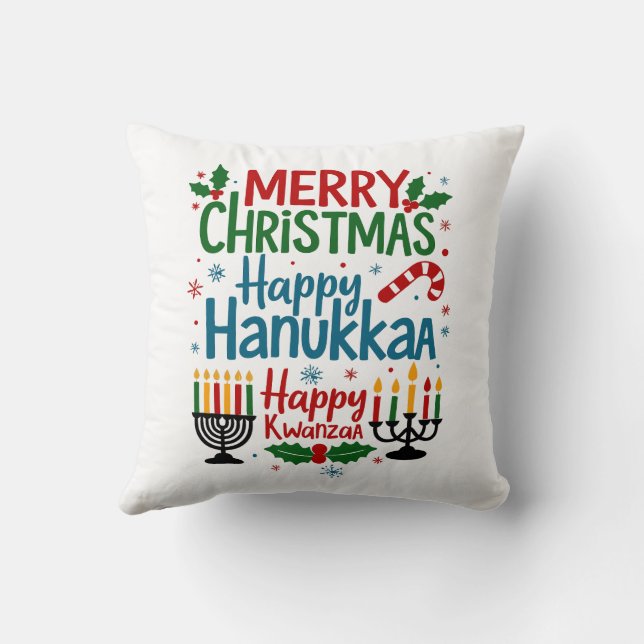 MERYY CHRISTMAS HAPPY KWANZA HAPPY HANUKAA THROW PILLOW (Back)