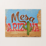Mesa Arizona Cartoon Desert Vintage Travel Jigsaw Puzzle<br><div class="desc">Mesa Arizona neo vintage travel design in funny cartoon retro style featuring the desert,  a cactus and rocks. Blue,  brown and red with green cactus.</div>