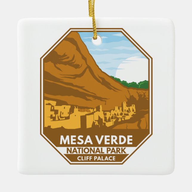 Mesa Verde National Park Cliff Palace Retro Emblem Ceramic Ornament (Front)