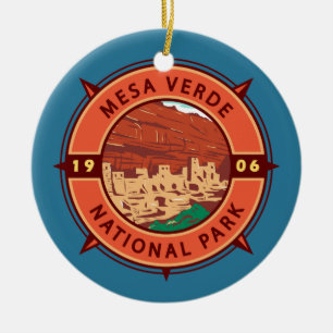 Mesa Verde National Park Retro Compass Emblem Ceramic Ornament