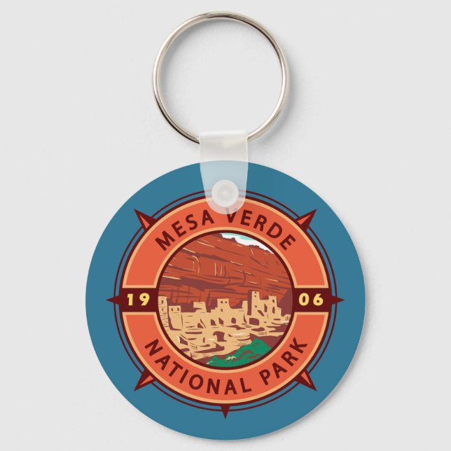 Mesa Verde National Park Retro Compass Emblem Keychain (Front)