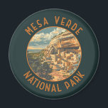 Mesa Verde National Park Retro Distressed Circle Magnet<br><div class="desc">Mesa Verde vector artwork design. The park is known for its well-preserved Ancestral Puebloan cliff dwellings,  notably the huge Cliff Palace.</div>