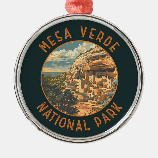 Mesa Verde National Park Retro Distressed Circle Metal Ornament (Front)