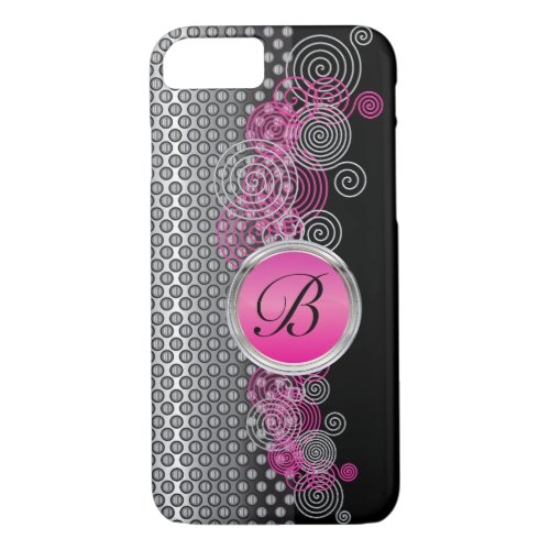 Mesh Steel with Circular Silver and Pink on Black iPhone 87 Case