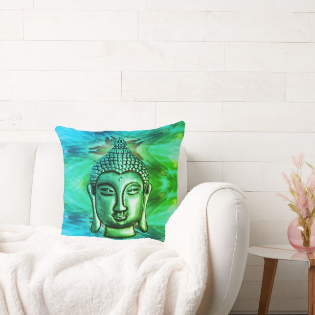Mesmerizing Blue Green Abstract Buddha Throw Pillow (Couch)