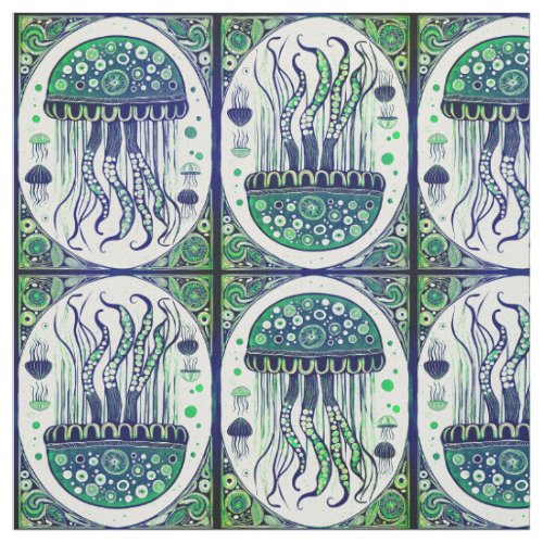 Mesmerizing Blue Green Jellyfish  Fabric