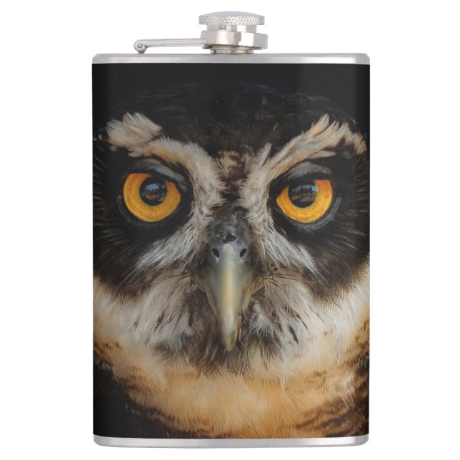 Mesmerizing Golden Eyes of a Spectacled Owl Hip Flask (Front)