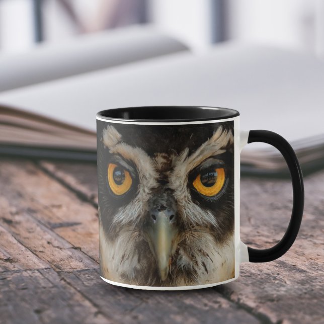 Mesmerizing Golden Eyes of a Spectacled Owl Mug (Closeup of a Spectacled Owl 11 oz Coffee Mug Cover Photo.)