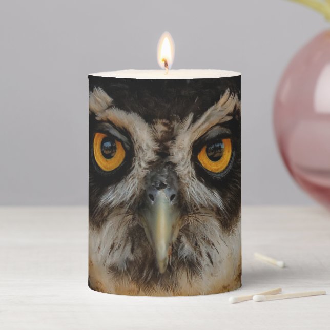 Mesmerizing Golden Eyes of a Spectacled Owl Pillar Candle (In Situ)