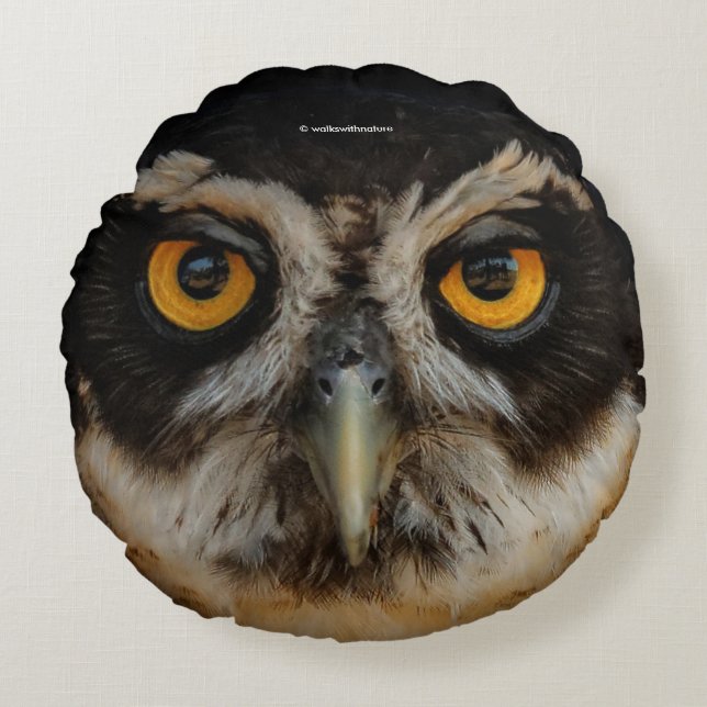 Mesmerizing Golden Eyes of a Spectacled Owl Round Pillow (Front)