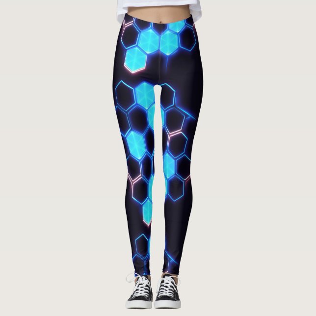 Mesmerizing Holographic Cyberpunk Hexagon Tiles Leggings (Front)