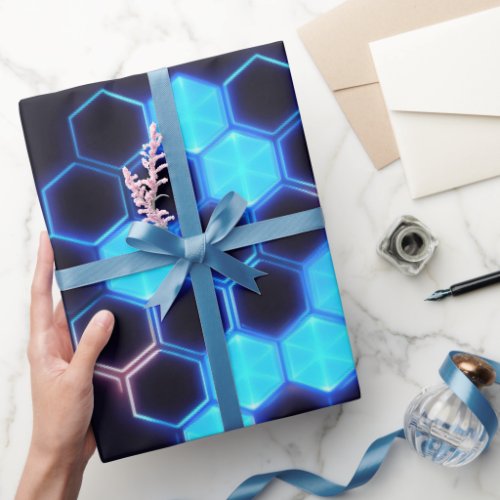 Mesmerizing Holographic Cyberpunk Hexagon Tiles Wrapping Paper