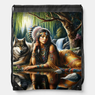 Mesmerizing Indian woman with loyal wolf Drawstring Bag