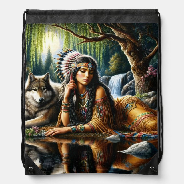 Mesmerizing Indian woman with loyal wolf Drawstring Bag (Front)