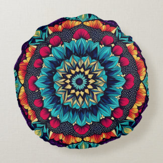 Mesmerizing Jewel Tone Kaleidoscope Round Pillow