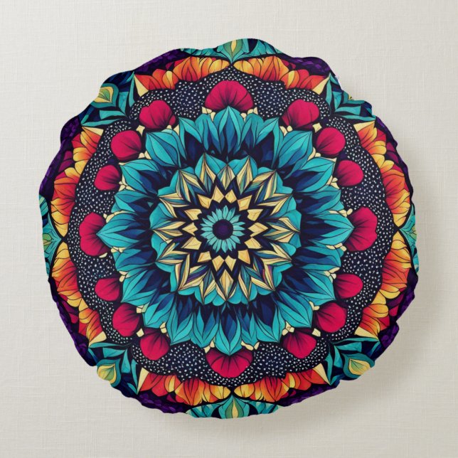 Mesmerizing Jewel Tone Kaleidoscope Round Pillow (Back)