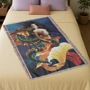 Mesmerizing Koi Mermaid Water Dragon Fantasy Throw Blanket