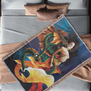 Mesmerizing Koi Mermaid Water Dragon Fantasy Throw Blanket