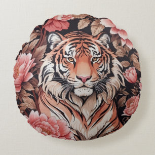 Mesmerizing Tiger Pink Flowers Round Pillow