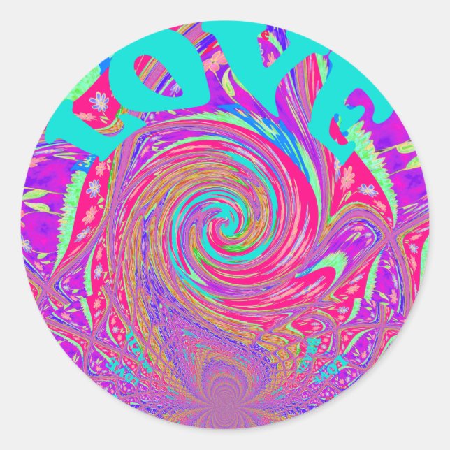 Mesmerizing Whirlpool Love Cyan Text art Graphic  Classic Round Sticker (Front)