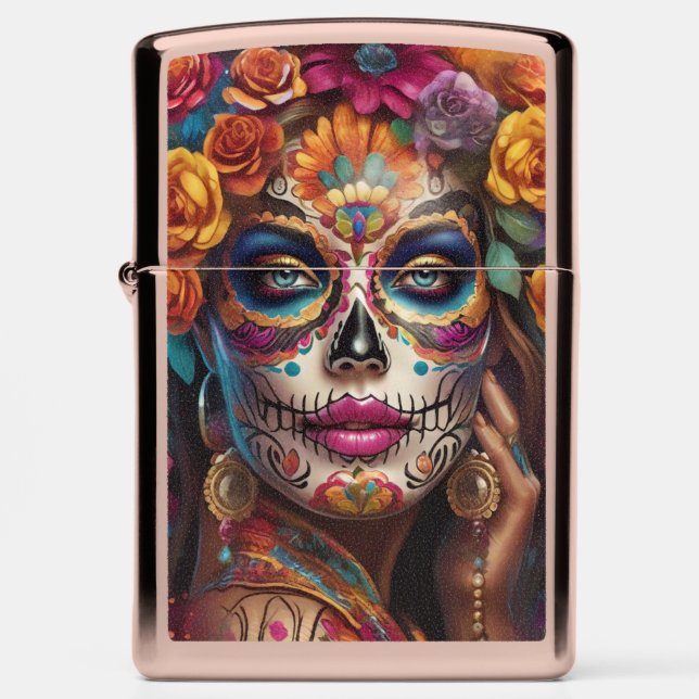 Mesmerizing Woman in Sugar Skull Makeup: Celebrate Zippo Lighter (Front)