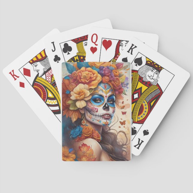 Mesmerizing Woman in Sugar Skull Makeup Poker Cards (Back)