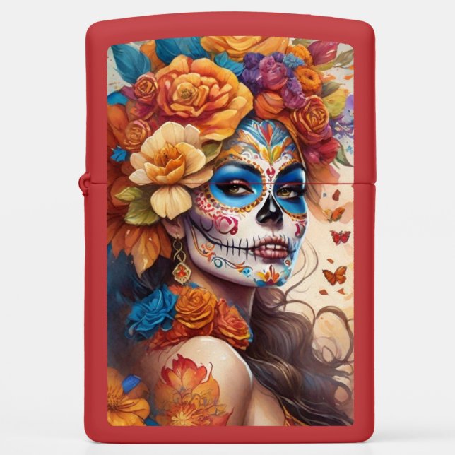 Mesmerizing Woman in Sugar Skull Makeup Zippo Lighter (Front)