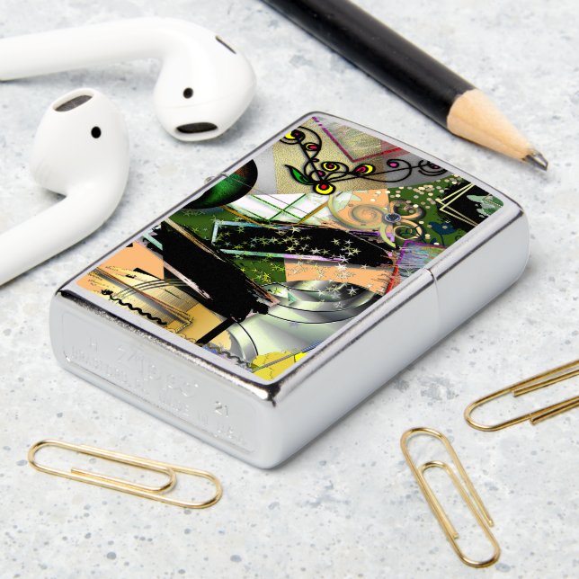 Mess of design objects & symbols with rough effect zippo lighter (On Table 2)