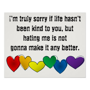 Message against hate with rainbow hearts poster