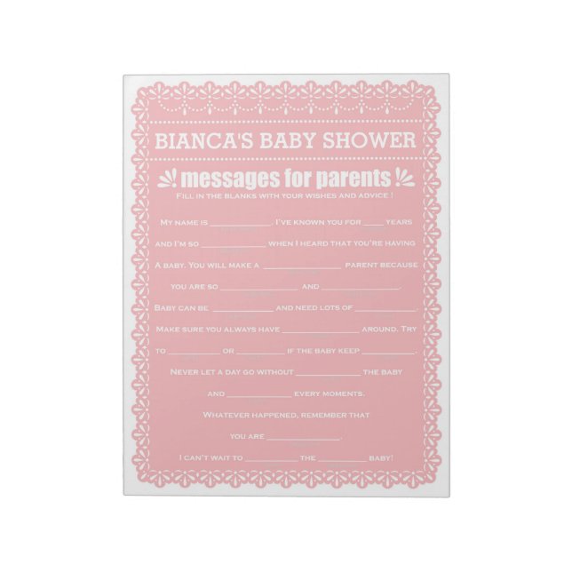 Message for Parents Pink Papel Picado Baby Shower Notepad (Rotated)