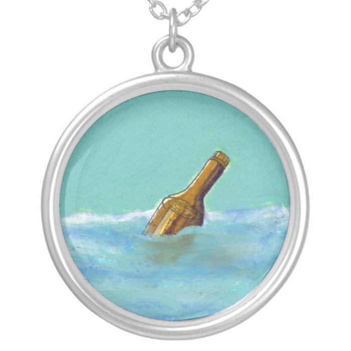 Message in a bottle at sea oil pastel drawing art personalized necklace