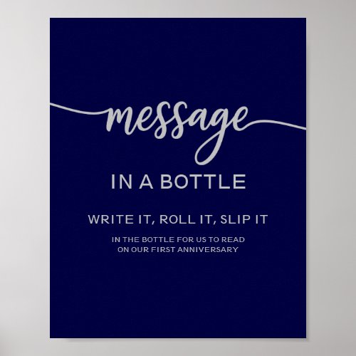 Message In A Bottle Elegant Navy Blue Silver Sign