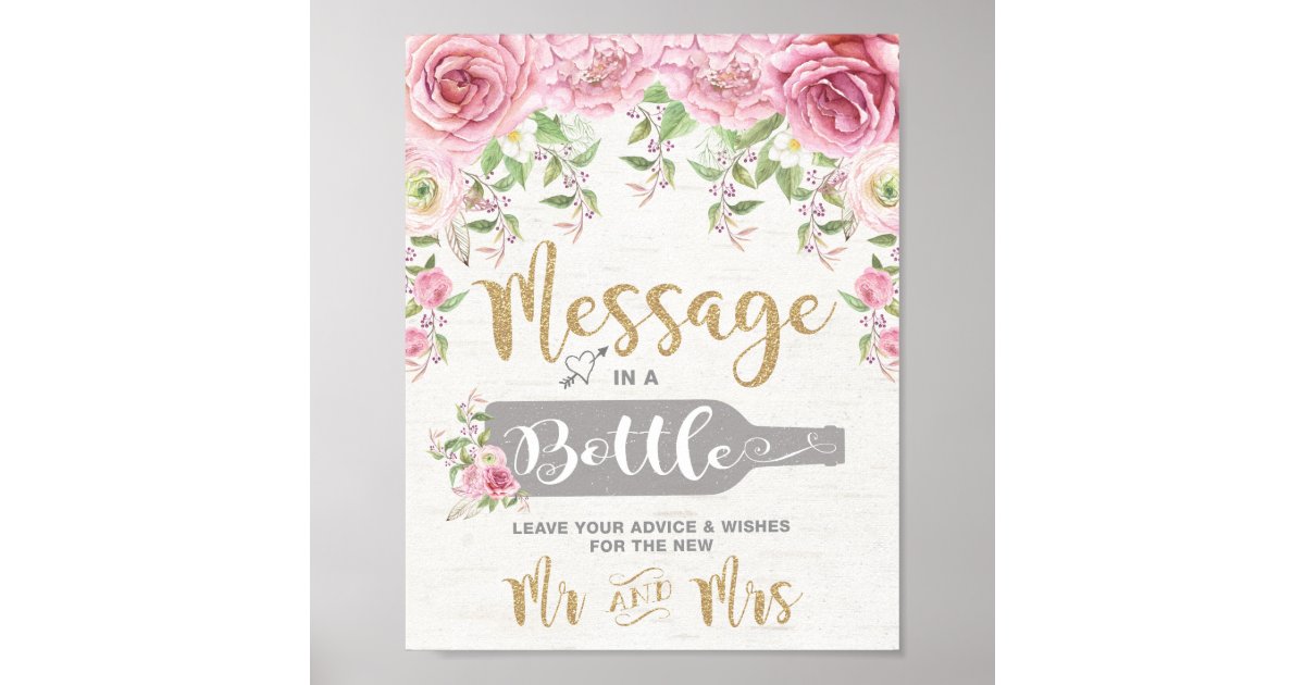 Message In A Bottle Floral Wedding Advice Wishes Poster Zazzle
