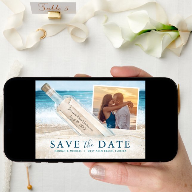 Message in a Bottle Photo Tropical Beach Wedding Save The Date (Front Digital)