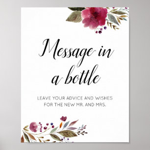 Message In A Bottle Wedding Advice Burgundy Floral Poster